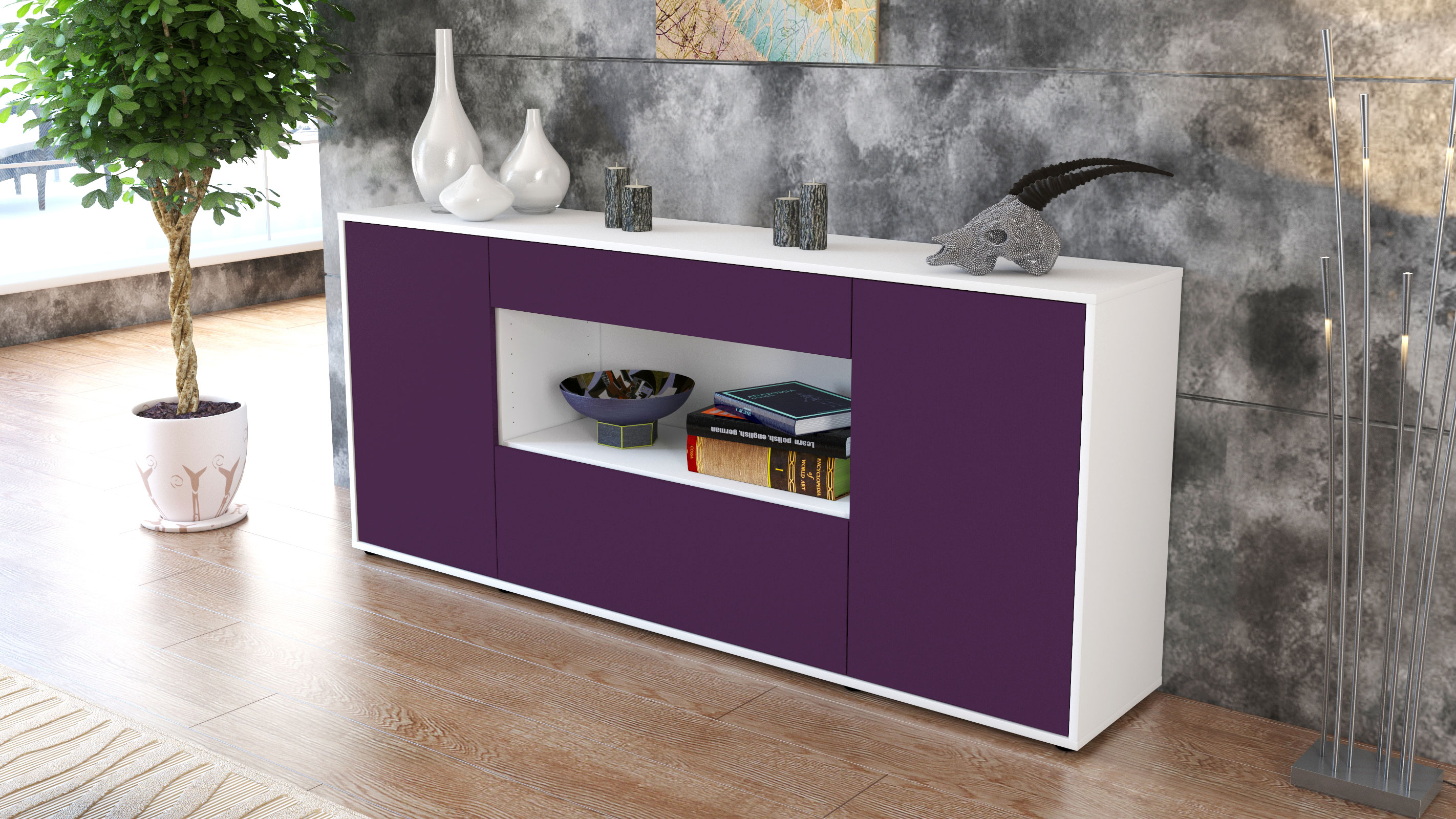 Sideboard Fiora, Weiss matt Farb-Design (180x79x35cm)